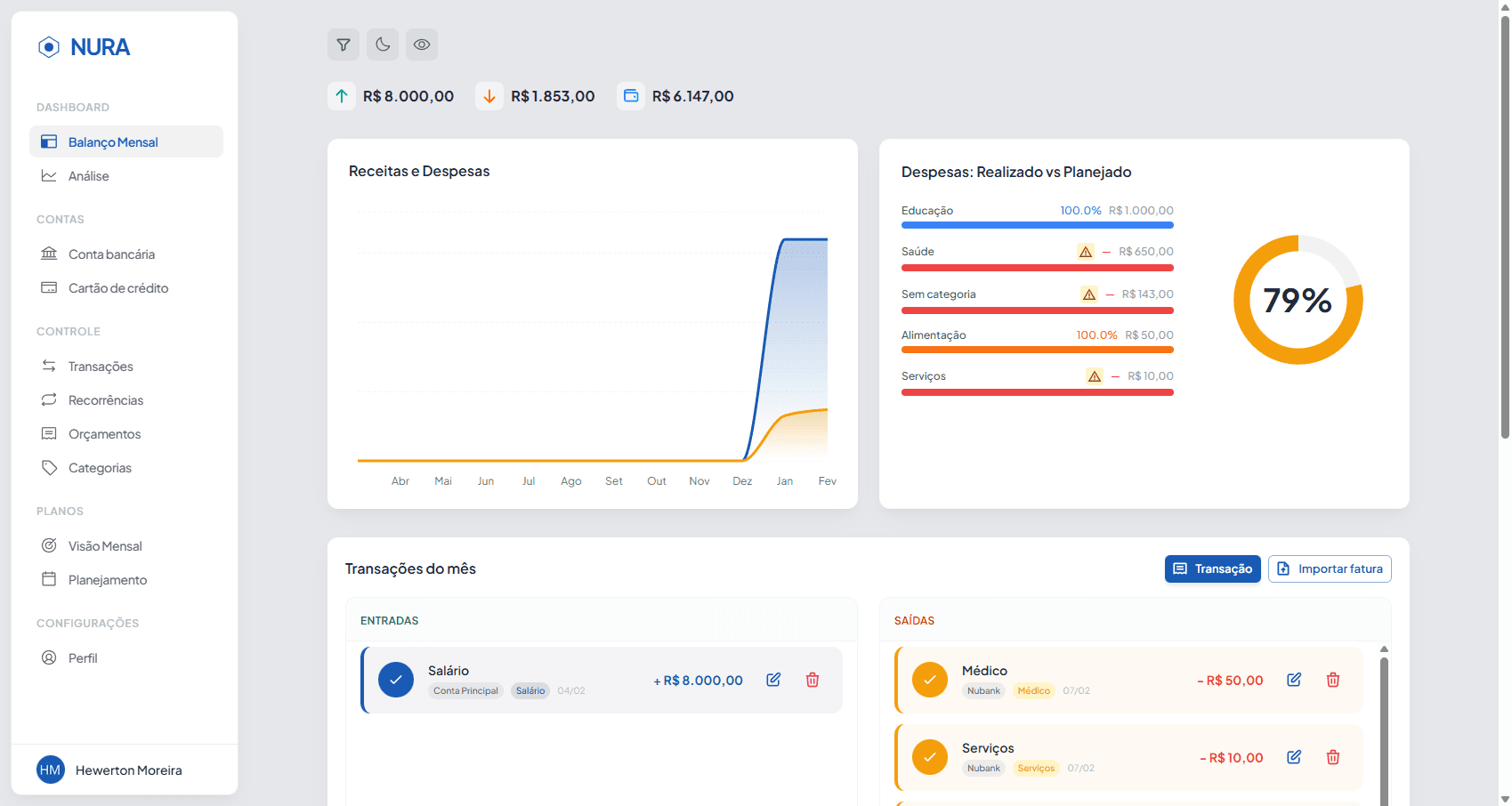 Dashboard do Nura com visão de saldos e resumo